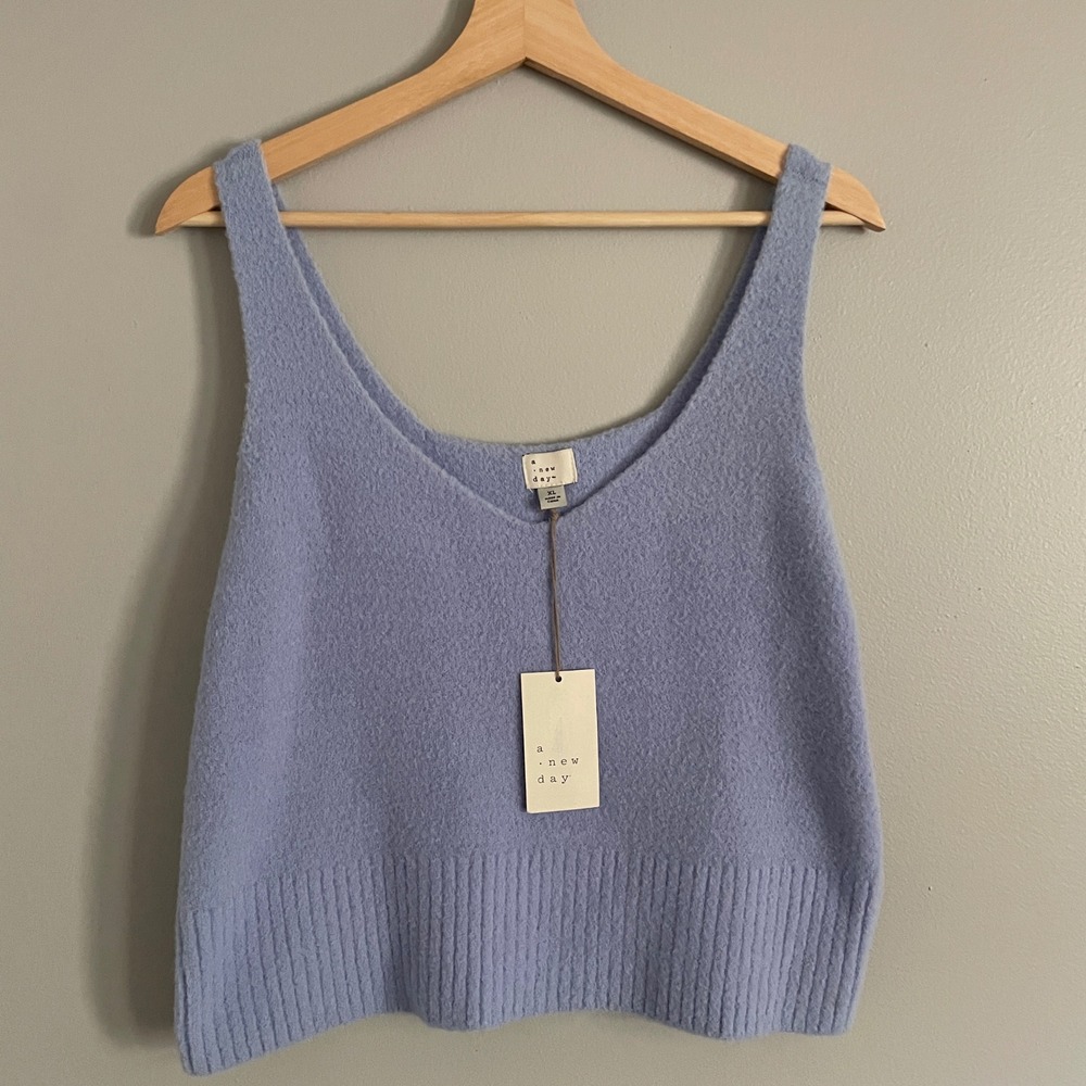 A New Day Sweater Tank Womens XL Purple Blue Fuzzy Knit Cropped V-Neck